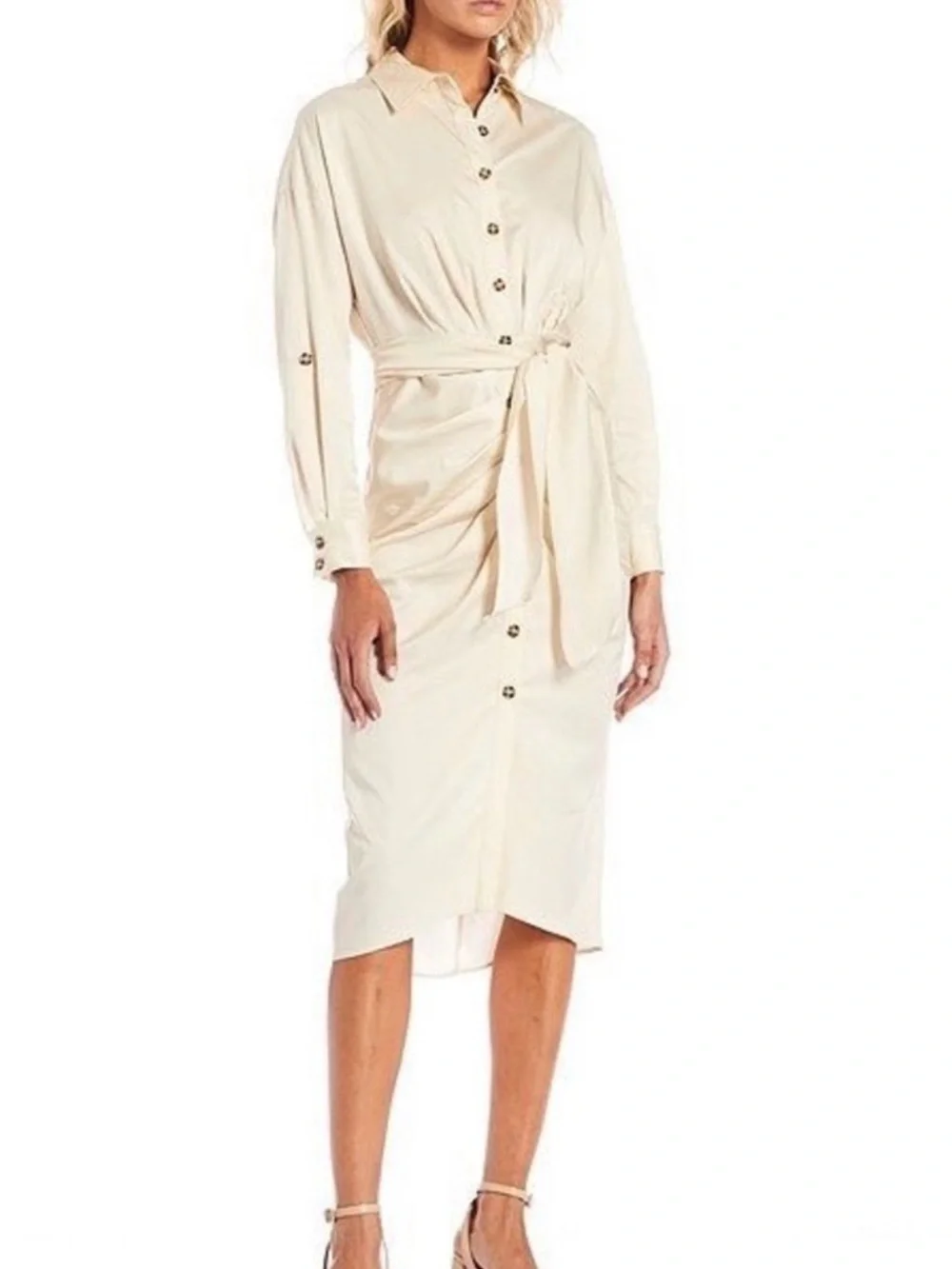 Antonio Melani Beige Ruched Button Down Belted Roxanne MIDI Dress Size 4 Small